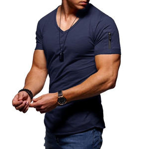 Nuevo diseño de gran tamaño 65% poliéster hombres manga corta cuello en V cuello camisetas hombres Color sólido camiseta delgada para hombres DDP envío - Product Image 1