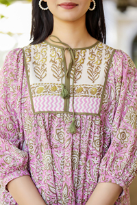 100% Cotton Bohemian Style Pink Dress Block Print <b>Floral</b> Paisley Handcrafted Summer Wear Short Dress With Contrast Border Casual - Product Image 4