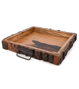 Bandeja de servicio de corteza de madera natural cuadrada con asas de metal, bandeja de mayordomo rústica, mesa de comedor de campo para centro de mesa, organizador de escritorio - Product Image 4