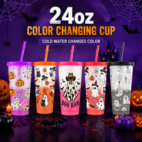 Gobelets Magiques Personnalisés Halloween 24oz à Changement de Couleur, Gobelets en Plastique Réutilisables avec Couvercle et Paille, Vente en Gros, Gobelets de Fête pour Boissons Froides