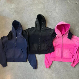 Sweat à capuche en coton lourd avec fermeture éclair, effet délavé à l'acide, style streetwear, personnalisé OEM, avec strass - Product Image 4