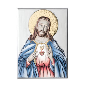 Sacré-Cœur de Jésus, Art religieux en métal plaqué fait main, Décoration murale peinte, Décoration intérieure 24x32 cm - Product Image 1