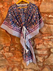 Caftan d'été en coton Bleu Indigo Block Print Beach Cover Loungewear Rainbow Block Print Resort Wear Marocan Casual Dresses - Product Image 3