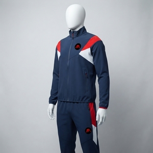 Conjunto Deportivo Azul Marino para Hombre, Chaqueta Deportiva con Cierre Completo, Pantalones Jogger, Ropa Deportiva con Bloques de Color Rojo y Blanco, Ropa Deportiva para Entrenamiento, Gimnasio, Fitness - Product Image 3