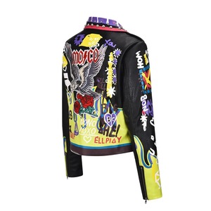 Vestes en cuir véritable et toile punk rock d'hiver pour hommes, patchs d'aigle graffiti de feu, rivets cloutés, mode streetwear, veste de moto - Product Image 3