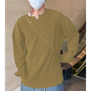 Loose <b>Long</b>-<b>sleeved</b> Ribbed Drape T-shirt For Fitness Men's Autumn And Winter Striped V-neck <b>Henley</b> Neck Pleated High Elasticity - Product Image 4