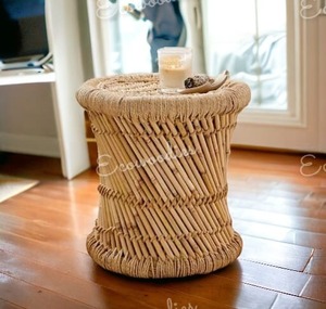 Tabouret en osier traditionnel antique en bambou fait à la main pouf durable pour chambre à coucher maison café jardin incrustation d'os Console décor - Product Image 1