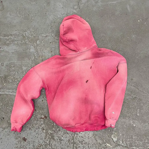Zipper <b>Hoodie</b> Streetwear Custom Blank 500 Gsm <b>Hoodie</b> <b>Pink</b> Sun Faded Acid Wash Boxy Zip up Distressed Zip <b>Hoodie</b> for <b>Men</b> - Product Image 3