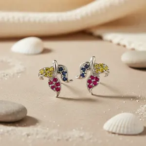 <b>Silver</b> Leaf Trendy <b>Drop</b> <b>Earrings</b> with Ruby Sapphire & Diamond Gemstones GIA Certified Gold Plated for Weddings Engagements - Product Image 3
