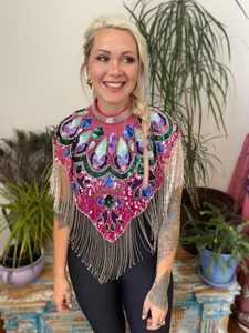 Belle cape burlesque élégante avec brins perlés et paillettes tenue de club festif attache le cou pour les festivals et les fêtes - Product Image 3