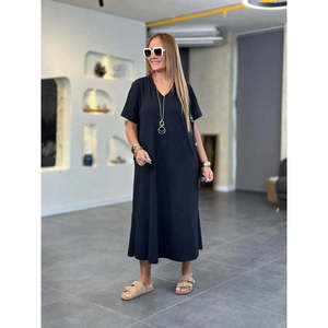 Robe longue en viscose à manches courtes et col en V pour femme avec détail poche, 24160 - Noir - Product Image 2