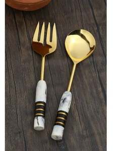 Elegant Food Serving Wedding Spoon Set <b>White</b> Black Enamel Handle Gold Plated <b>Mirror</b> Stainless Steel Flatware Tabletop Restaurant - Product Image 2