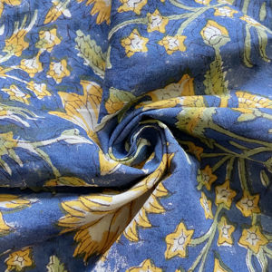 Tela de Algodón Estampada a Mano con Diseño Floral Mughal en Azul Real y Amarillo Mostaza - Product Image 1