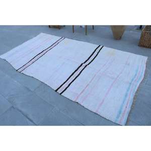 Tapis turc en laine marocaine vintage écologique 4,1x8,6 pieds, motif patchwork, dos en latex, blanc - Product Image 3