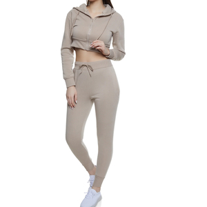 Ensemble deux pièces pour femme, haut court zippé style motard, manches longues à capuche, en coton, vêtement de détente décontracté, jogging d'hiver, lettres brodées - Product Image 5