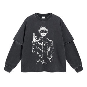 Impression graphique personnalisée en détresse, coupe recadrée, lavage à l'acide, double couche, T-shirt à manches longues surdimensionné - Product Image 1