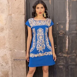 Hot Bán Mexico Thêu Maxi Dress Wedding Phong Cách Truyền Thống Mexico Ăn Mặc Artisanal Mexico Đảng Dress Hoa Cotton