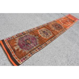 2.5x13.6 ft <b>Runner</b> Turkish <b>Rug</b>, Orange Floral Vintage <b>Rug</b> - Product Image 2