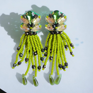 Rhinestone Cluster <b>Earrings</b>, Beaded <b>Green</b> <b>Earrings</b>, Crystal Statement <b>Earrings</b> Fringe Tassel <b>Earrings</b> - Gold - Long - Product Image 1