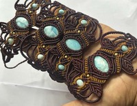 Bracelet Macramé Ajustable Perles de Pierre Turquoise Forme Ovale 20 à 25 MM Fils Couleurs Assorties Style Vintage Bijoux de Mode pour Fête
