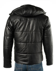 <b>Men's</b> Casual Black Leather Puffer <b>Jacket</b> <b>With</b> Detachable <b>Hood</b> and Insulated <b>Padded</b> Lining Featuring Internal Pockets - Product Image 5