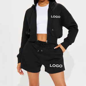 Acheter en gros 2025 ensembles de survêtements femmes mode col rond manches longues couleur unie décontracté haut veste à capuche ensemble short et short - Product Image 5