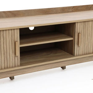 Factory Direct Mid-Century Modern Tambour Style 2 Door Wide <strong>TV</strong> Unit with <strong>Tray</strong> Top in Oak - Product Image 3