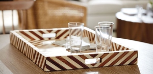 Bandeja Decorativa de Madera con Incrustaciones de Mopa Hecha a Mano, con Patrón Geométrico de Diamantes, Rectangular, para Mesa de Centro o Otomana, con Asas - Product Image 5