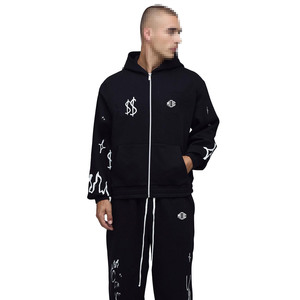 Ensemble de survêtement à capuche zippée et pantalon de jogging à imprimé graphique, coupe décontractée, en molleton de coton, streetwear, tenue deux pièces pour les acheteurs en gros OEM - Product Image 3