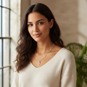 Rose Quartz Small Bullet-Shaped <b>Pendant</b> on Rhodium Plated Sterling <b>Silver</b> Ball <b>Chain</b> Romantic Style for Engagement Wedding Party - Product Image 4