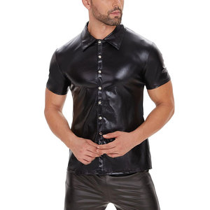 Chemise décontractée à manches courtes en cuir coupe-vent pour homme, fermeture à boutons personnalisée et design de logo - Product Image 5