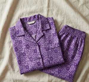 Hand Block Print Woven Thermal Cotton Summer Women's Floral Long Sleeves Machine Embroidery Pajama Set with Pockets <b>Gifting</b> - Product Image 1