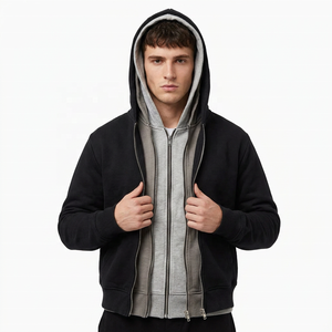 Sweat-shirt surdimensionné en coton Y2K pour homme, personnalisé, noir et gris, à double capuche, fermeture éclair intégrale, brodé, écologique, style streetwear, poids lourd - Product Image 2