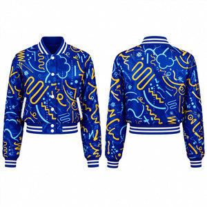 Chaqueta Varsity con Patrón Geométrico Azul, Manga Larga, Cuello Camisero, Cierre de Botones, Ropa de Otoño para Mujer - Product Image 1
