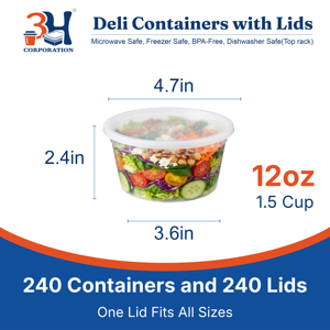 Contenitori per Alimenti da 3H da 12 oz con Coperchi (480 Pezzi/Cassa) Adatti per Congelatore e Microonde, in PP Senza BPA, Impilabili e a Prova di Perdite, Organizzatori per Avanzi - Product Image 2
