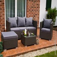 Ensemble de salon de jardin moderne pour hôtel, avec canapé, coussins en PU, table basse en verre, structure en aluminium durable, en PE pour cour et parc