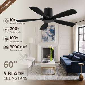 Ventilateur de plafond noir de 60 pouces sans lumière, ventilateur de plafond à profil bas avec télécommande, 5 pales en bois massif pour chambre à coucher, salon - Product Image 1