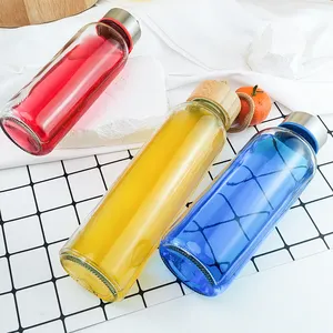 Stainless Steel Or Bamboo Lid Glass Drink Water or juice Bottle With Handle.