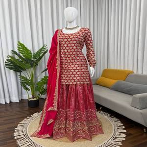 VASTRA COTTAGE Ensemble Sharara de luxe en faux georgette entièrement cousu avec haut, dupatta et travail de fils et de sequins, tenue ethnique traditionnelle pour les fêtes - Product Image 5