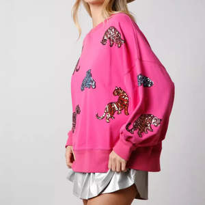 Sudaderas de Mujer Extra Grandes con Diseño de Lentejuelas de Animales, Cuello Redondo, Estilo Casual, Felpa Francesa, Color Beige Rosa, Estampado de Dibujos Animados Personalizado, Venta Caliente OEM - Product Image 6