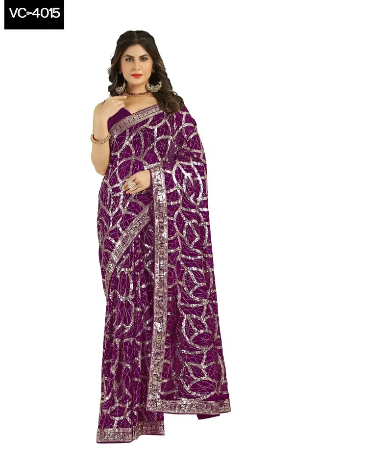 Sari in Georgette morbida in stile indiano e pakistano con ricamo in sequenza funziona su tutta la superficie con bordo di lavoro con sari da lavoro