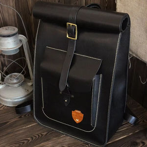 Sac à dos pour ordinateur portable style vintage pour hommes LRTB-0003 Roll Top en cuir PU tissu Oxford imperméable décontracté voyage loisirs sac à dos noir - Product Image 1