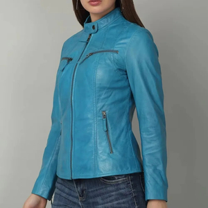 Women's Blue PU Leather Moto Jacket Stand Collar Zipper Closure Slim Fit Regular Sleeve Autumn Style Solid Color - Product Image 1