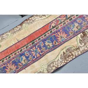 Alfombra turca vintage de 2,2x5,1 pies, lana azul beige hecha a mano con pelo de felpa, altura, forma rectangular, patrón abstracto para dormitorio - Product Image 5