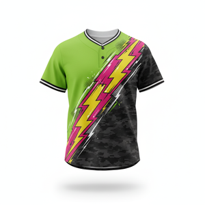 Maillot de baseball unisexe imprimé par transfert de chaleur-100% polyester à séchage rapide col en V avec motif 3D rose/jaune Lightning Bolt Design - Product Image 5