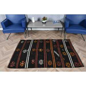 Tapis Kilim vintage 3,6 x 10,9 pieds, tapis persan turc en laine noire - Product Image 2