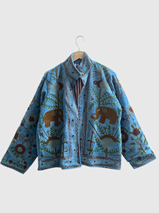 Veste en coton bleue brodée à la main avec motif d'éléphant, col mandarin, manches longues, taille plus, vêtements d'automne pour femmes - Product Image 1