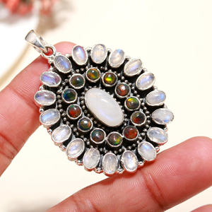 อัญมณีโอปอลออโรร่าทรงรีตัดจากธรรมชาติจี้เงินแท้สีเงินแท้แบบ925กึ่งสวยงามขายส่งจากโรงงานอินเดีย - Product Image 2