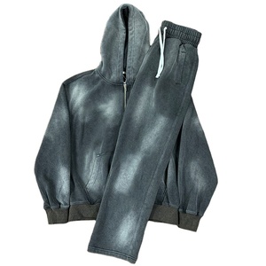 2025 nouveauté Streetwear lavage survêtement ourlet brut fermeture éclair survêtement pour hommes 100% coton éponge évasé pantalons de survêtement et sweat à capuche ensemble - Product Image 1