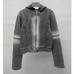 Sudadera con capucha vintage de mujer extragrande con lavado ácido, manga larga tipo linterna, 360g, con cremallera, estilo hip hop, estampada, para invierno, venta al por mayor - Product Image 3